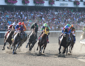 The field enters the first turn in the Haskell with Bayern along the inside. Photo By Ryan Denver/EQUI-PHOTO.