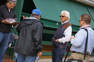 Bob Baffert mulls it over Saturday morning.  Photo by Vas.