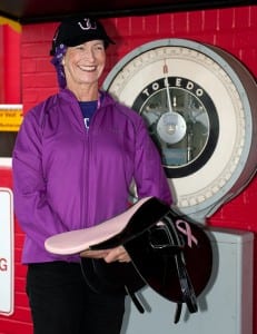 Barbara Jo Rubin, the first female to ride the winner in a parimutuel race, will ride Keep Momma Happy in the Lady Legends for the Cure race on Friday at Pimlico.  Photo by Jim McCue, Maryland Jockey Club.