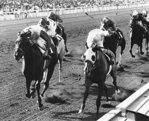 Twixt, on the outside, gets up to win the Milady at Hollywood Park.  Photo from Maryland Thoroughbred Hall of Fame.