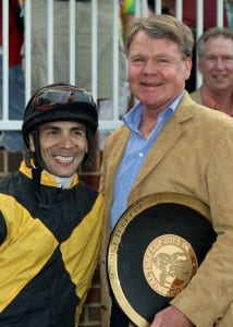 Rider Horacio Karamanos and trainer Larry Murray are all smiles after London Lane's 50-1 win in the G2 Colonial Turf Cup. Coady Photography photo.