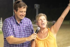 Trainer Stephanie Nixon exults after Boltin' Out's score in the Punch Line.