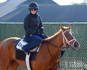 Annie Finney, aboard Princess of Sylmar, grins for the camera.  Photo NYRA/Adam Coglianese.