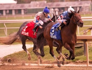 It's a Bang inches clear to win the Maryland Million Nursery.  Photo by Jim McCue, Maryland Jockey Club.