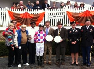 Happy winner's circle for Eighttofasttocatch after the Jennings.  Owner Arnold Heft is third from left, trainer Tim Keefe (holding plate) is next to jockey Forest Boyce.