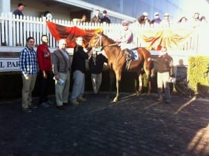 Happy winner's circle after the Safely Kept. Trainer Robin Graham is at far right, owner Frank Wright third from left.