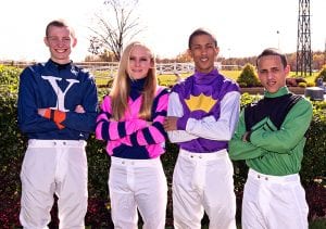 Trevor McCarthy, Chelsey Keiser, Victor Carrasco, and Jevian Toledo.  Photo by Jim McCue, Maryland Jockey Club.