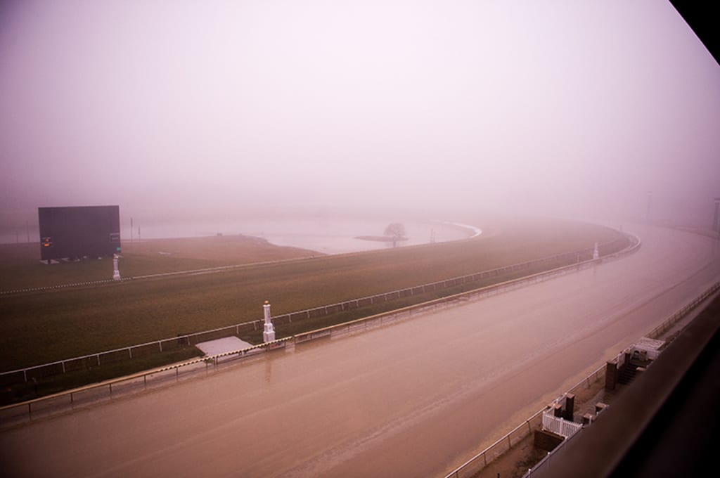 Laurel in the fog. Photo by Jim McCue, Maryland Jockey Club.