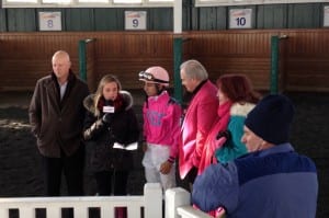 Extrasexyhippzster's connections chat with Gabby Gaudet after the Miracle Wood.  Mike Trombetta is at far left.  Photo by Frank Vespe.