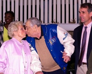 Arnold Heft and his wife Sylvia enjoyed many chances to kiss in the Laurel Park winner's circle.  Photo by Jim McCue, Maryland Jockey Club.