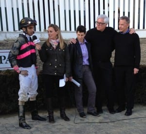 Rider Julian Pimentel chats with Gabby Gaudet after the Private Terms.  Assistant trainer Sam Randazzo is to Gaudet's left, with co-owners Steven Brandt and Rick Boylan next to her.  Photo by The Racing Biz.