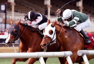 Hamp, on the outside, pips Roadhog to win the Henry S. Clark Stakes at Pimlico.  Photo by Jim McCue, Maryland Jockey Club.