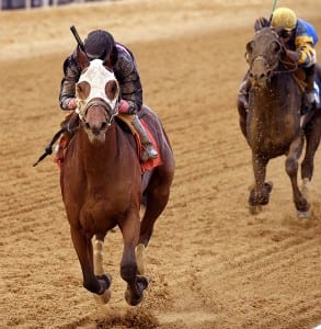 Kid Cruz rallies -- from maiden claimer perhaps to the Preakness -- to win the Federico Tesio Stakes.  Photo by Jim McCue, Maryland Jockey Club.