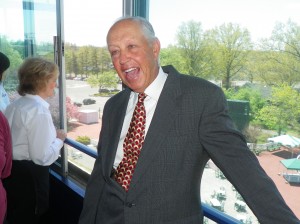 Bob Kulina, the president of Darby Development LLC, the owners of Monmouth Park, enjoys a light-hearted moment during the track’s Media Day festivities Tuesday afternoon. Photo by Jim Hague