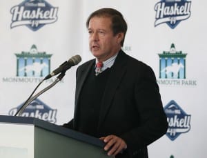 Dennis Drazin,adviser to the New Jersey Thoroughbred Horsemens Association and Darby Development, the operator of Monmouth Park, speaks at the Opening Day Press Conference and Luncheon at Monmouth Park Racetrack in Oceanport, New Jersey on Tuesday May 6, 2014.    Photo By Bill Denver/EQUI-PHOTO.