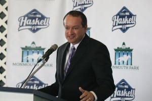 Joe Asher, William Hill U.S. CEO, speaks at Monmouth's opening press conference.   By Bill Denver/EQUI-PHOTO