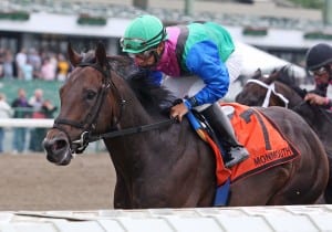 Itsmyluckyday, with Paco Lopez up, wins the Majestic Light Stakes at Monmouth Park on Saturday May 24, 2014.  Photo By Bill Denver/EQUI-PHOTO