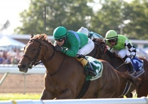 Medea, Forest Boyce up, wins the Eatontown Stakes at Monmouth Park.  Photo By Bill Denver/EQUI-PHOTO.