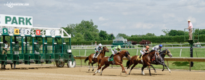 Starter Bobby Syndor keeps a watchful eye as the field breaks at Delaware Park.  Photo © www.HoofprintsInc.com.