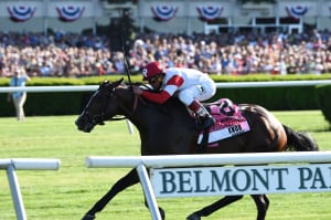 Real Solution wins the Grade 1 Manhattan Handicap. Photo by Courtney Heeney/NYRA.