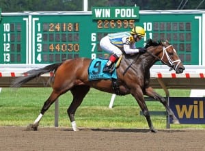 Majestic River and Rosie Napravnik take the G2 Molly Pitcher.  Photo By Carl J. Sari/EQUI-PHOTO