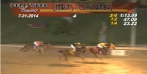 In this screencap, Oscar Flores and Imperial Force hold on to give the rider 1,000 career victories.