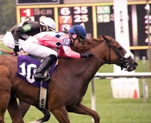 Embarr inches past Misty in Malibu to win the Brookmeade Stakes at Laurel Park. Photo by Jim McCue, Maryland Jockey Club.