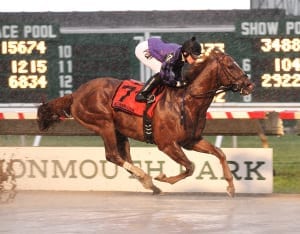 Rainbow Heir splashed to a dozen-length score in the NJ Breeders Handicap at Monmouth. Photo By Aubrey Therkelsen/EQUI-PHOTO.