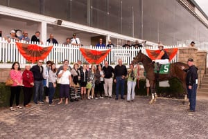 A win photo to remember for apprentice Lauralea Glaser. Photo by Jim McCue, Maryland Jockey Club.