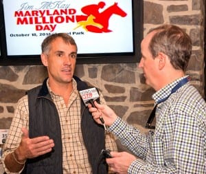 Tim Keefe speaks with WBAL Radio's Scott Wykoff at the Maryland Million draw. Photo by Jim McCue, Maryland Jockey Club.