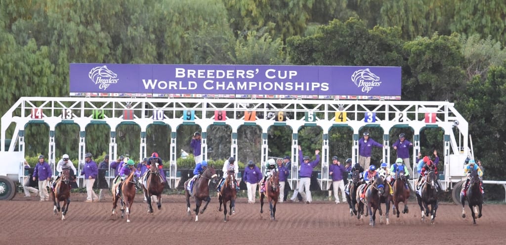 Bayern (star-spangled silks) scoots towards the rail.  Photo by © Breeders' Cup/Gary Mook 2014