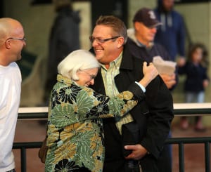 Owner Pat Chapman embraces Trainer John Servis (R) after her homebred Nasa won the $100,000 Pennsylvania Nursery Stakes. Photo By Bill Denver/EQUI-PHOTO.