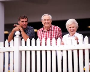 Tim Keefe with Arnold and Syliva Heft. Photo by Jim McCue, Maryland Jockey Club.