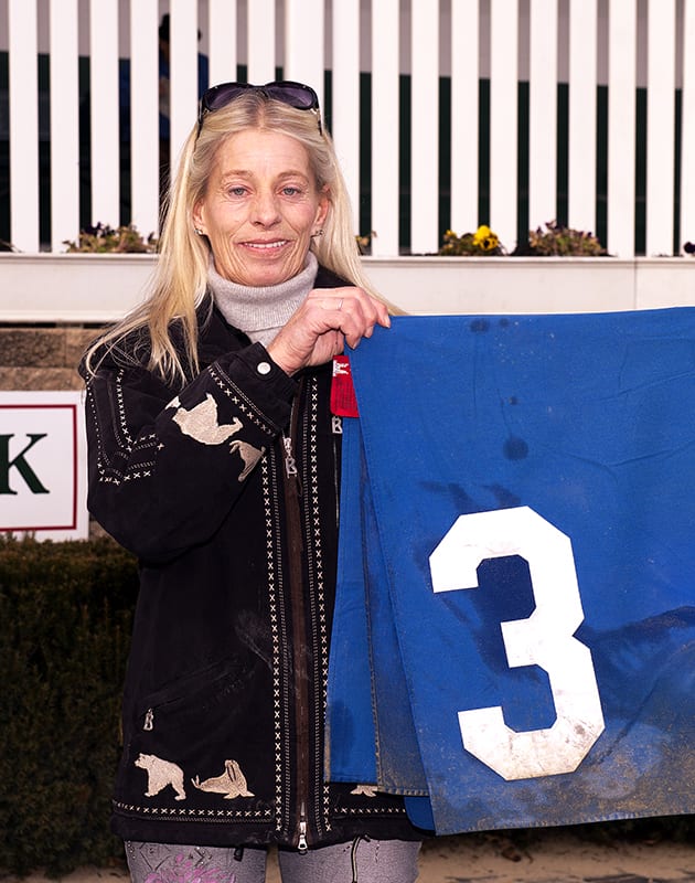 Mary Eppler hit a three-bagger today at Laurel Park. Photo by Jim McCue, Maryland Jockey Club.