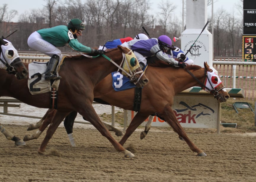 Page McKenney (#3) edged a trio of rivals at the wire to win today's John B. Campbell Handicap. Photo by Laurie Asseo.