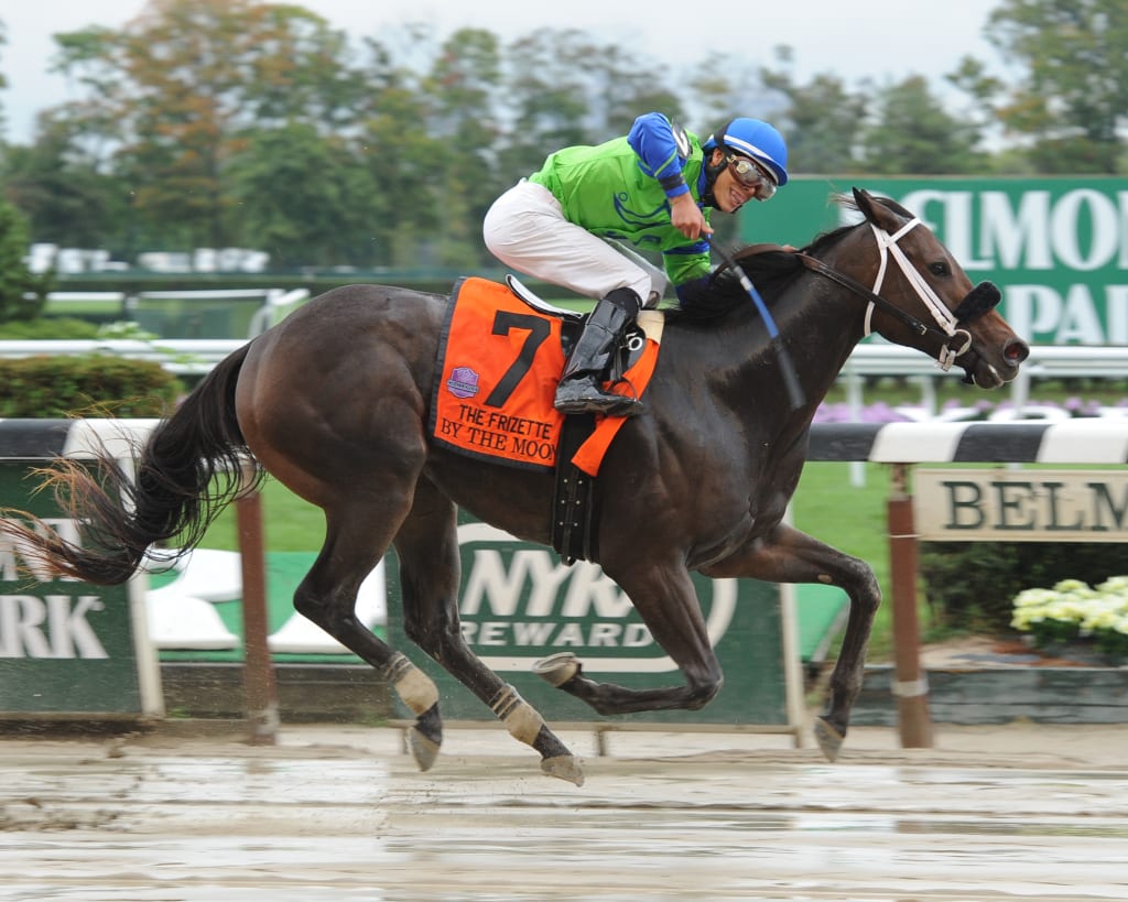 By the Moon upset the Grade 1 Frizette in October. Photo by NYRA?Nicole Di Giovanni.