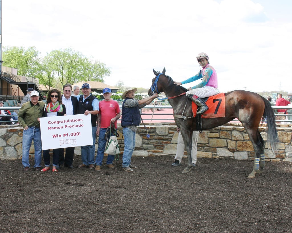 Trainer Ramon Preciado celebrates win number 1,000. Photo by Equi-Photo.