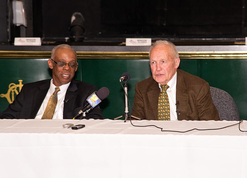 King Leatherbury (right) and Kenneth Taylor, co-owner of Xtra Heat, hold court on Monday at Pimlico. Photo by Jim McCue, Maryland Jockey Club.