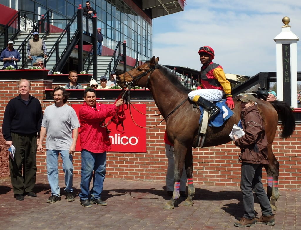 Gold Hill and Darius Thorpe won the first race of the Pimilico sprint meeting. Photo by The Racing Biz.