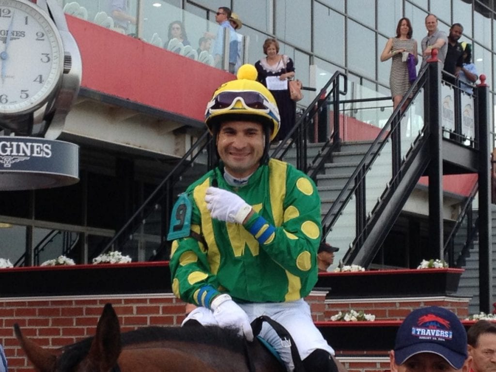 Xavier Perez smiles after guiding Talk Show Man to Henry S. Clark win. Photo by The Racing Biz.