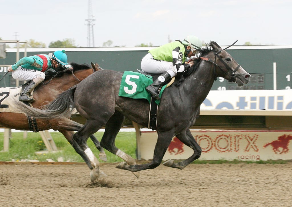 Bluegrass Singer, with Tammi Piermarini up, held off Unrivaled to win the Parx Derby. Photo by Barbara Weidl / Equi-Photo.