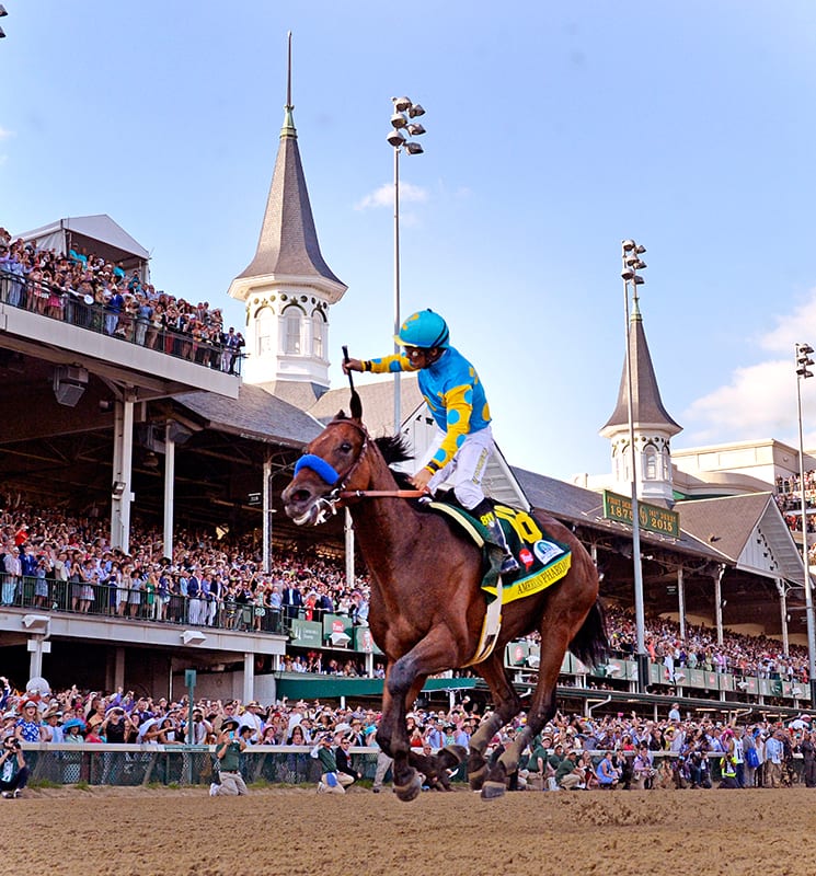 It's one leg down, two to go for American Pharoah after winning the Kentucky Derby.  Photo by Skip Dickstein.