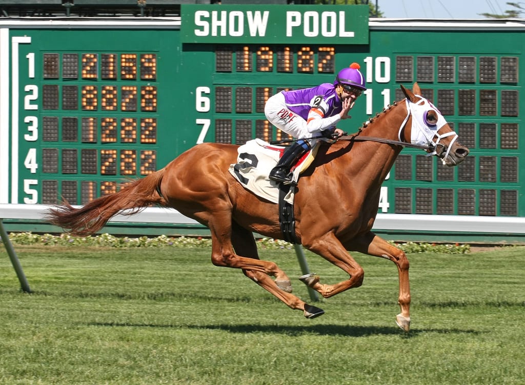 Jockey Joe Bravo notched his 5,000th career victory at Monmouth Park aboard Boss Man in sixth race. Photo by Bill Denver, Equi-Photo.