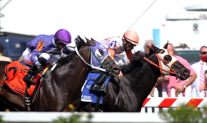 Ben's Cat (in orange and white) rallied late to win the Jim McKay Turf Sprint over Bold Thunder on Black-Eyed Susan day.  The two will meet again in the Pennsylvania Governor's Cup. Photo by Laurie Asseo.