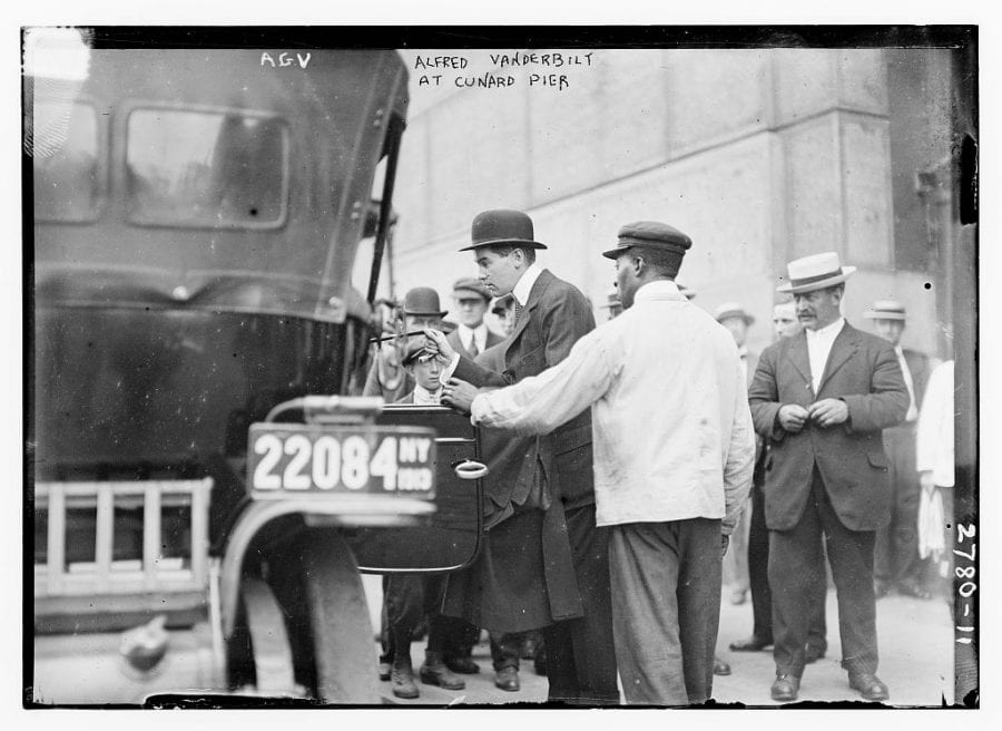 Alfred Gwynne Vanderbilt at Cunard Pier, 1913. Photo courtesy of the Library of Congress.