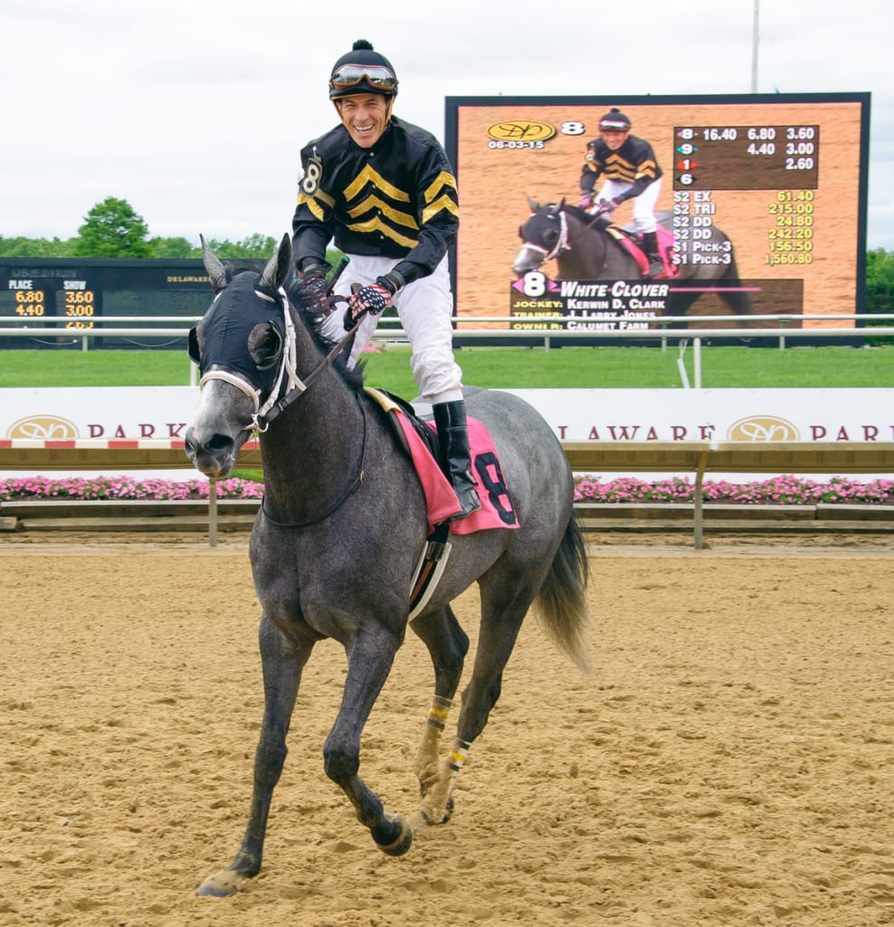 Kerwin Clark and White Clover won the Our Mims at Delaware Park for trainer Larry Jones. Photo by HoofprintsInc.com.