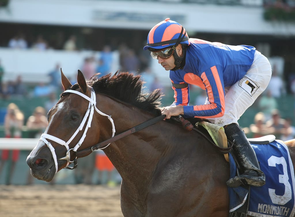 Stanford and jockey Joe Bravo proved best in the Long Branch Stakes Saturday at Monmouth.  Photo By Bill Denver/EQUI-PHOTO