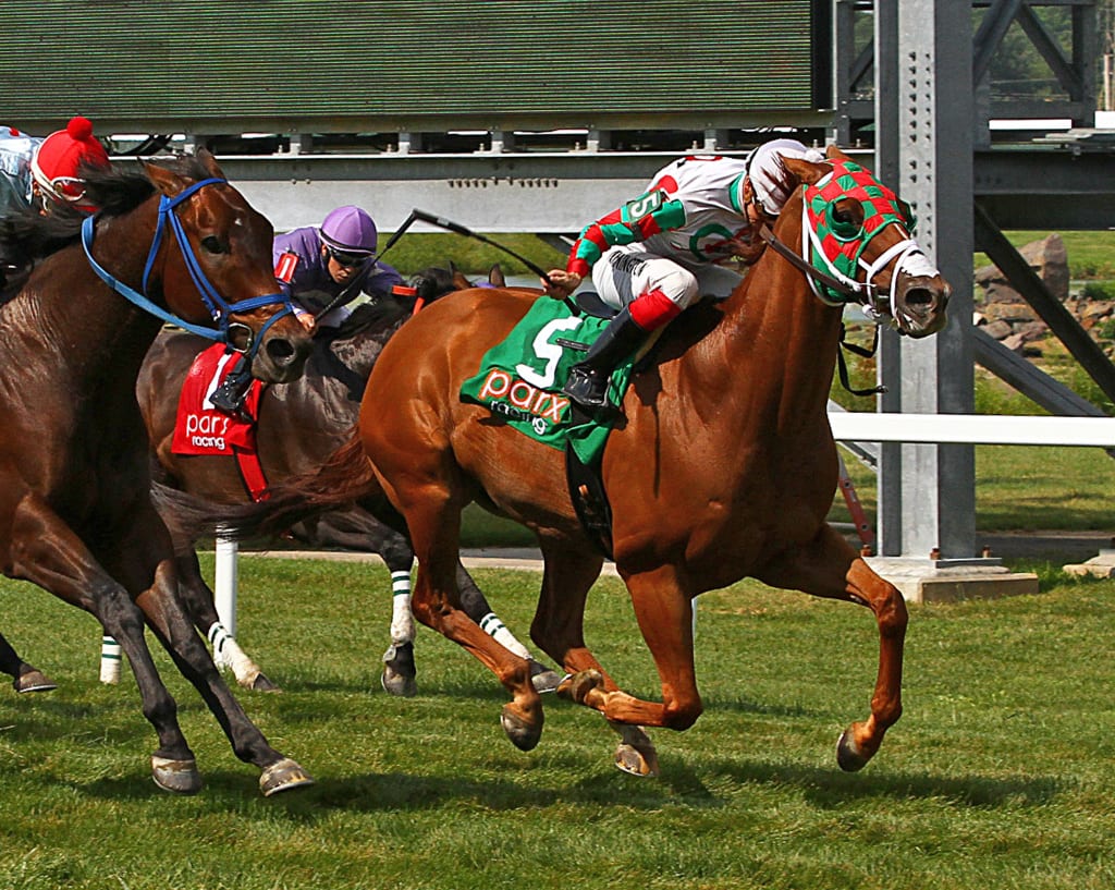 Tightend Touchdown prevailed by a head in the G3 Parx Dash Saturday. Photo By Barbara Weidl /EQUI-PHOTO