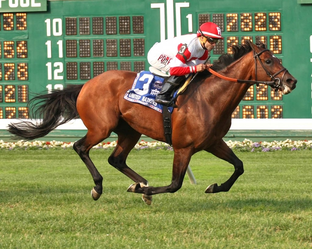 Big Blue Kitten stormed home to win the Grade 1 United Nations. Photo By Taylor Ejdys/EQUI-PHOTO