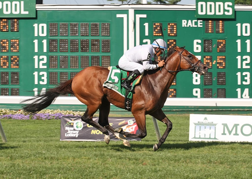 Heart to Heart and Victor Espinoza take the Oceanport Stakes. By Taylor Ejdys/EQUI-PHOTO.